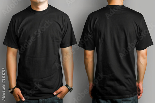 T-shirt mockup, Black blank t-shirt front and back views, male clothes wearing clear attractive apparel tshirt models template сreated with Generative Ai