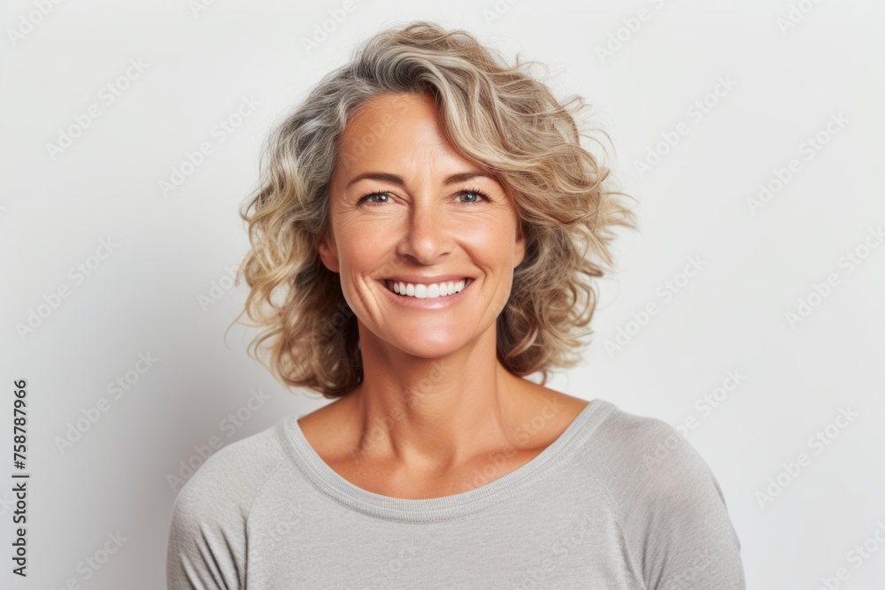 Portrait of beautiful middle aged woman smiling at camera over white background. Portrait of beautiful middle aged woman smiling at camera over white background.