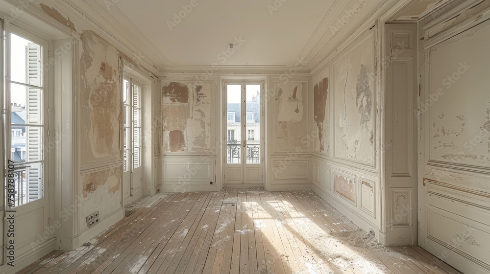 A large empty room with a white wall and wooden floors. The room is bare and empty, with no furniture or decorations. The emptiness of the room creates a sense of loneliness and isolation A large empty room with a white wall and wooden floors. The room is bare and empty, with no furniture or decorations. The emptiness of the room creates a sense of loneliness and isolation