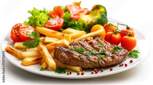 Grilled steaks, French fries and vegetables