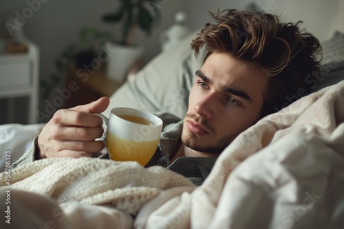 Man Holding Coffee Cup in Bed photo