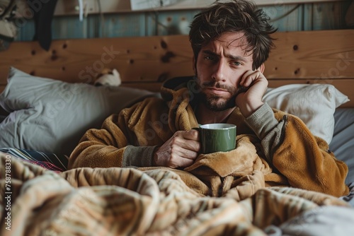 Man Holding Coffee Cup in Bed photo
