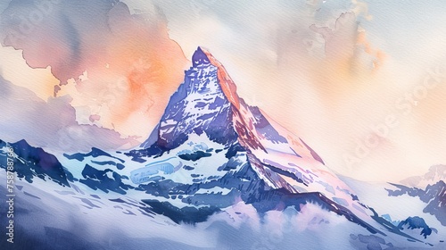 A watercolor illustration featuring the Matterhorn mountain with fluffy clouds in the background.