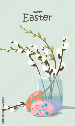 Happy Easter banner, greeting card, poster, holiday cover. Trendy design with typography, willow branches and eggs. Modern art minimalist style. © Anastasiya