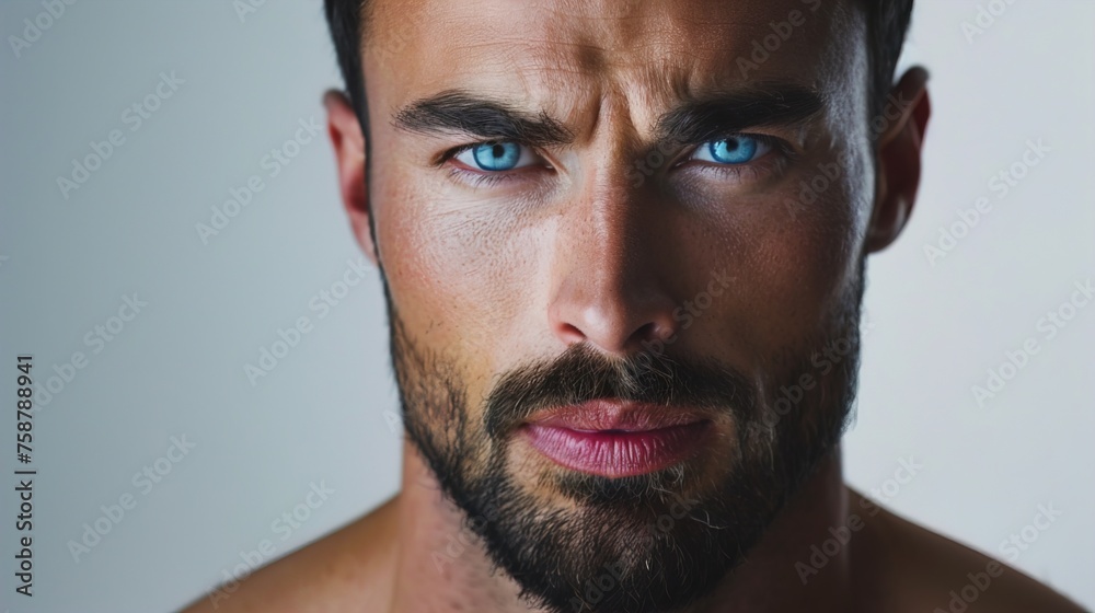 Obraz premium uscular man exhaling with luscious lips, blue eyes, chiseled jaw