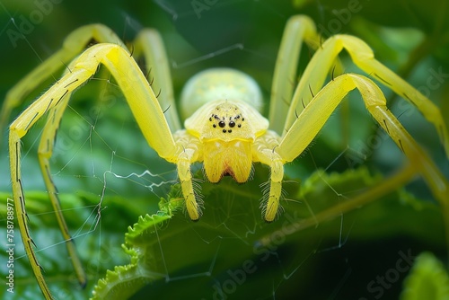 A yellow sac spider is captured up close on a leaf, showing intricate details of its body and surroundings. The spider appears to be stationary, potentially waiting for prey or resting. photo