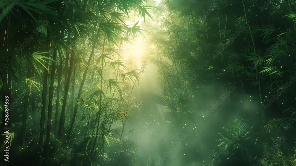 A misty morning in a bamboo forest sunlight filtering through the tall - obrazy, fototapety, plakaty 