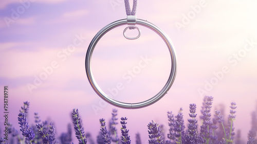 A gymnastic ring against a soft lavender background.