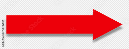 A red arrow with a shadow on a transparent background indicates the direction of movement. Arrow icon, pointer, road sign. Vector EPS 10.