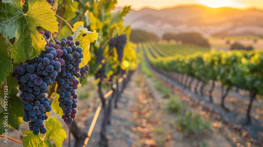 Naklejka premium Vineyard at sunset with large groups of grapes hanging from the vines, hills in background