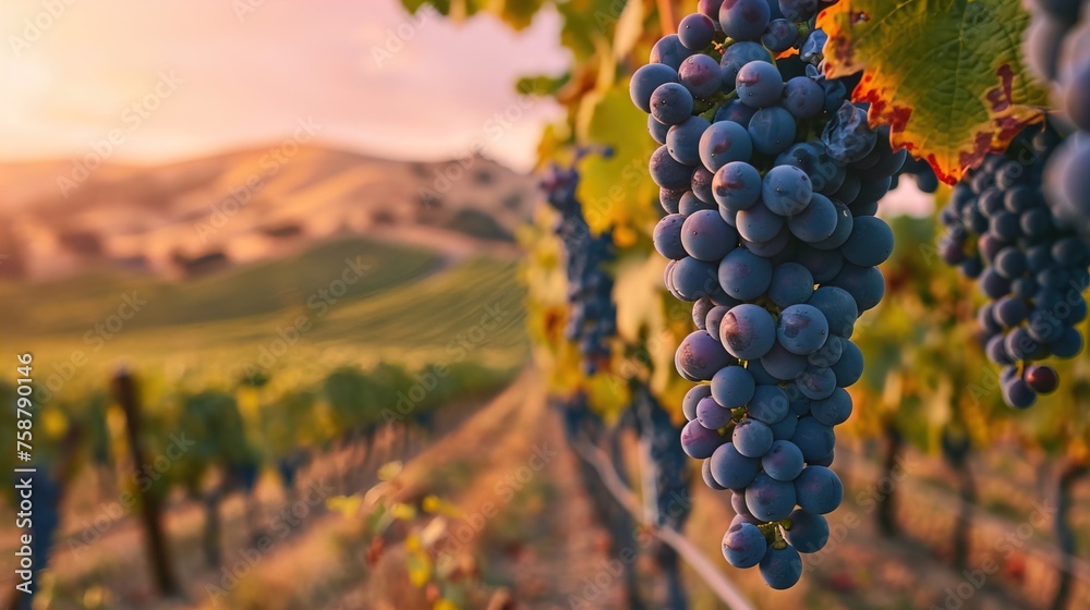 Vineyard at sunset with large groups of grapes hanging from the vines, hills in background