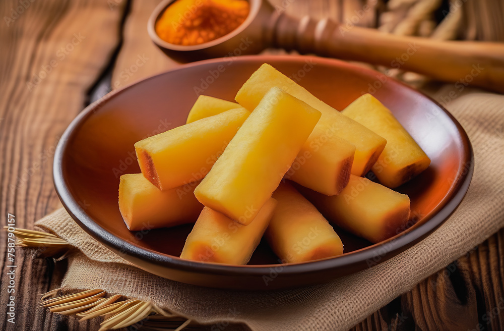 Fried cassava slices in a clay plate. traditional Brazilian cuisine Fried cassava slices in a clay plate. traditional Brazilian cuisine