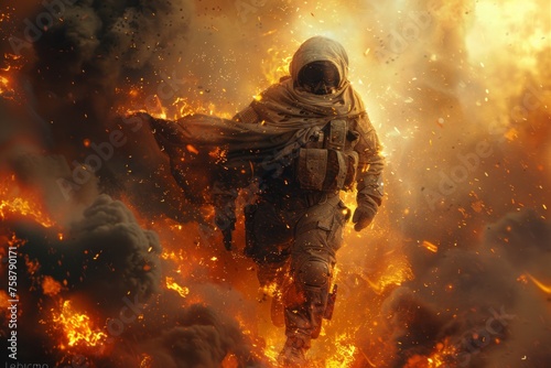 Astronaut Facing Fiery Storm on Alien Planet