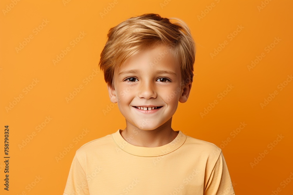 Cheerful little boy looking at camera and smiling, orange background Cheerful little boy looking at camera and smiling, orange background
