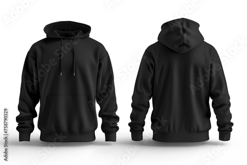 Set of Black front and back view tee hoodie hoody sweatshirt on white background сreated with Generative Ai
