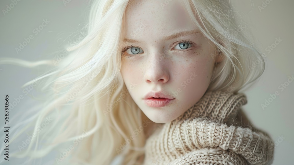 International Albinism Awareness Day, portrait of an albino girl of model appearance, genetic feature, pure snow-white skin