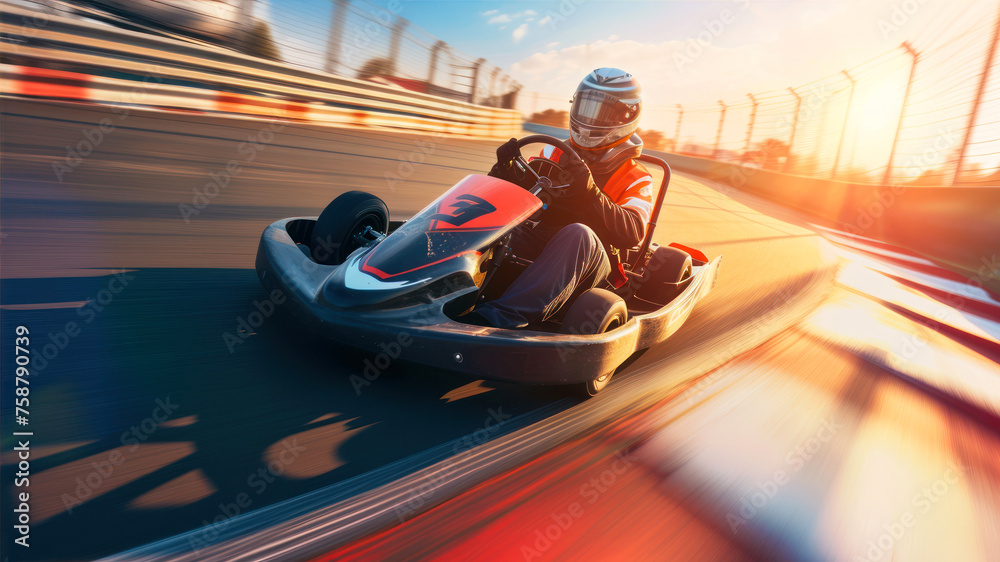 Go karting on the track with motion blur effect. Go karting concept. - obrazy, fototapety, plakaty 