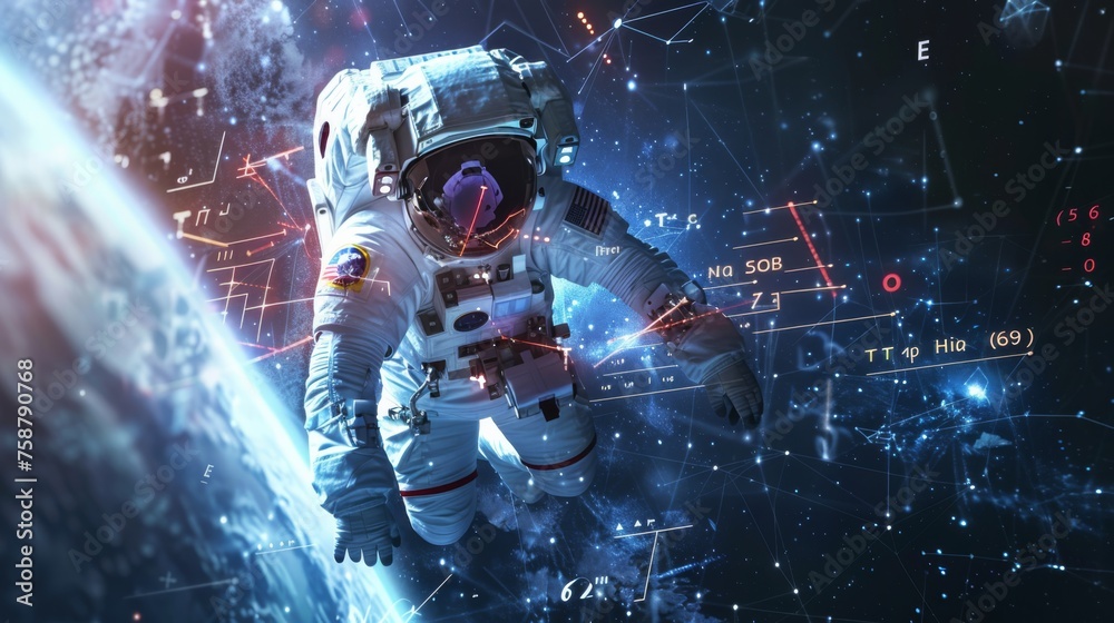 An astronaut in a space suit is seen floating in the vast emptiness of space, surrounded by stars and celestial bodies. The individual appears weightless and is performing extravehicular activities. - obrazy, fototapety, plakaty 