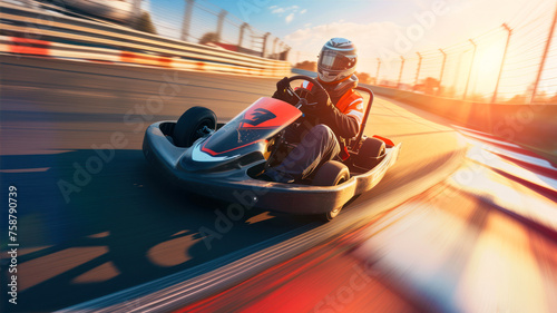 Go karting on the track with motion blur effect. Go karting concept. photo