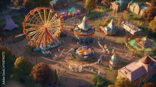 Generative AI A bird's-eye perspective of an amusement park, capturing the winding roller coasters, merry-go-rounds, and a lively carnival atmosphere