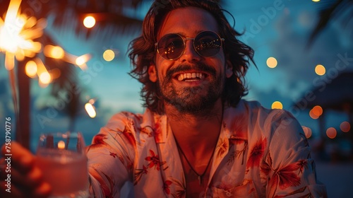 Portrait of young man with cocktail on the beach at sunset with bengal lights.