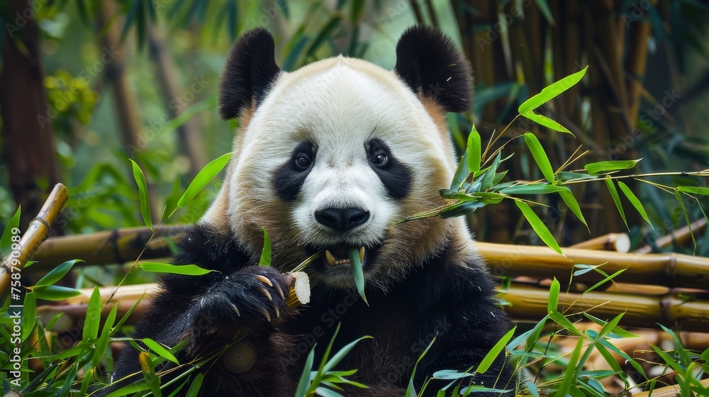 Fototapeta premium A Giant Panda bear is actively munching on bamboo in a lush forest setting. The bears black and white fur contrasts with the vibrant green foliage around it.