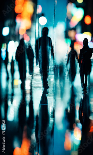 Abstract silhouettes against neon lights, featuring blue and orange hues, evoking urban anonymity and nightlife. Ideal for concepts on city life and modernity.