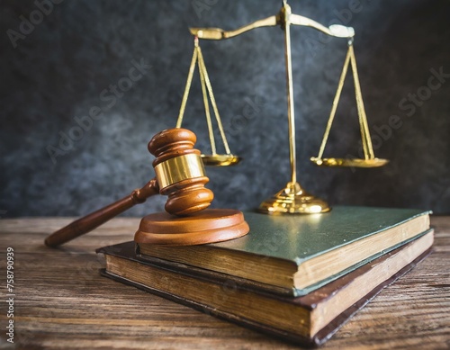 Wooden gavel, Vintage law scales and books on the desk front concrete wall background. Symbols of justice. Retro old style filtered photo photo