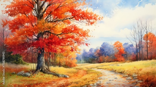 Generative AI Watercolor painting of a maple grove in the fall, ready for the syrup harvest