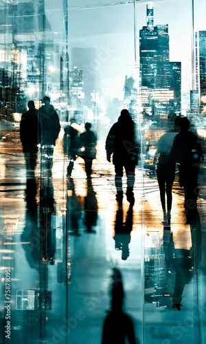 Silhouetted figures stride before a luminous cityscape  embodying the perpetual energy of city life at twilight.