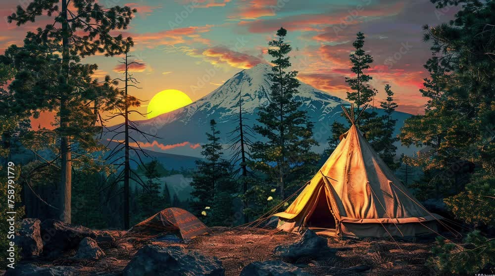 Forest Haven: An Indian tent nestled among the towering pines of a tranquil forest, its silhouette illuminated Seamless looping 4k time-lapse virtual video animation background. Generated AI Forest Haven: An Indian tent nestled among the towering pines of a tranquil forest, its silhouette illuminated Seamless looping 4k time-lapse virtual video animation background. Generated AI