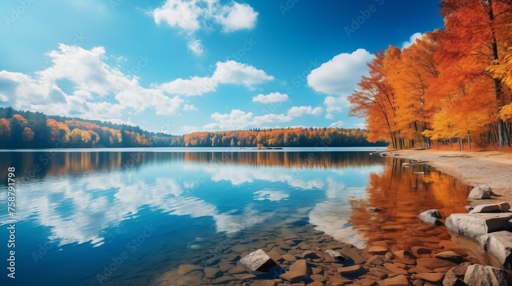 Obraz premium autumn landscape with lake. beautiful autumn day