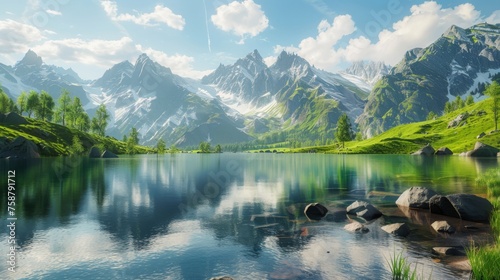 A detailed painting depicting a lake nestled among towering mountains. The rugged terrain and clear blue waters are strikingly captured in this realistic artwork. © vadosloginov