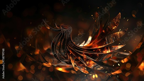 Phoenix rising from the flames, beautifully rendered against a dark background. The mythical bird, crafted from intricately folded sheets of steel, symbolizes rebirth and resilience. 