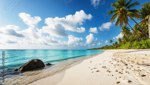 A serene tropical beach with clear blue waters, white sand, and palm trees under a sunny sky with fluffy clouds