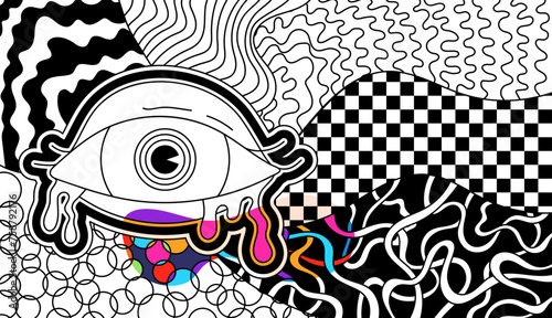 Zentangle psychedelic coloring page for adults. Groovy eye and checkerboard.