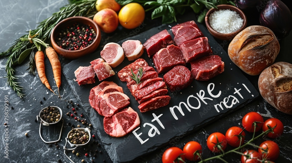 various fresh meats accompanied by a bold sign proclaiming Eat more meat atop a sleek, white modern table for a tantalizing culinary display. various fresh meats accompanied by a bold sign proclaiming Eat more meat atop a sleek, white modern table for a tantalizing culinary display.