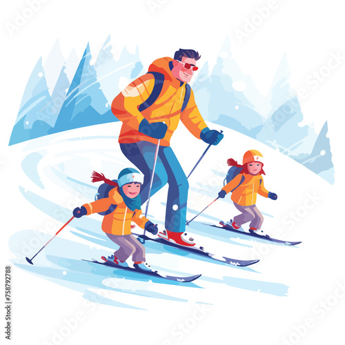 Father daughter son kids skiing together on snowy 