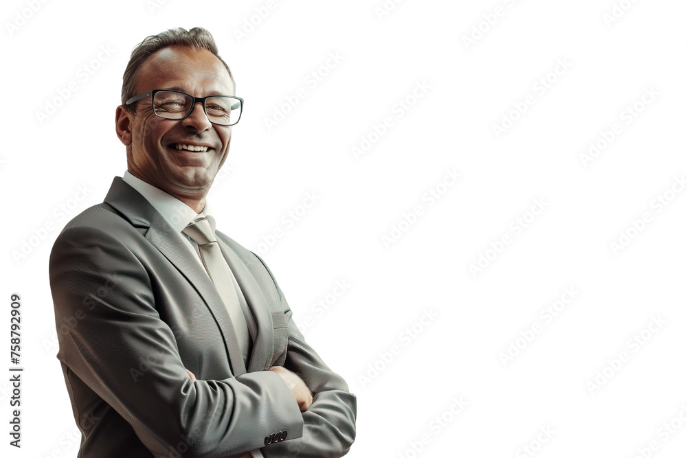 Portrait of a positive businessman in a suit with glasses, transparent background.