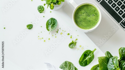 Healthy desktop with green smoothie and laptop on white background.