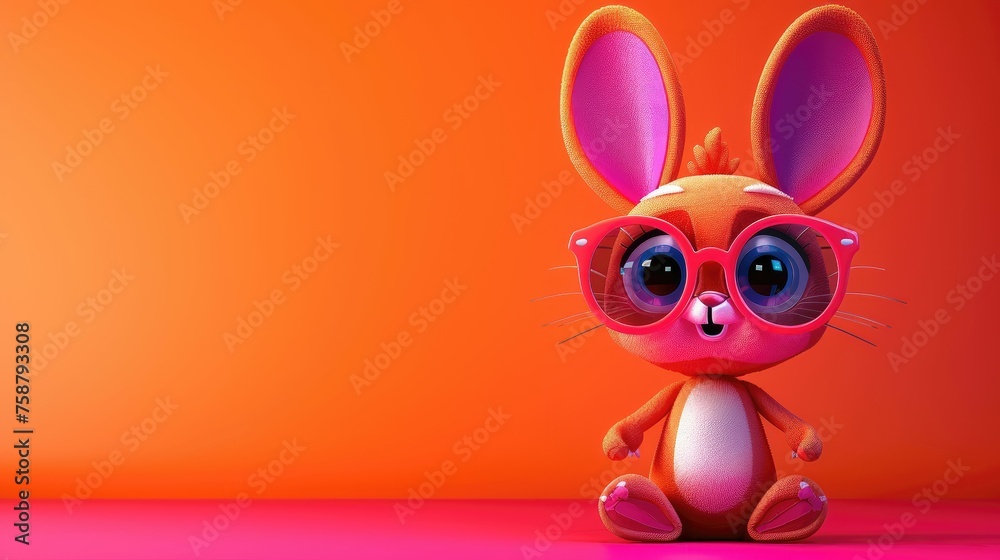 Obraz premium Vibrant orange rabbit with glasses on a pink-orange gradient background.