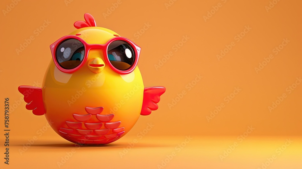3D animated chicken character with red wings and red sunglasses on an orange background.