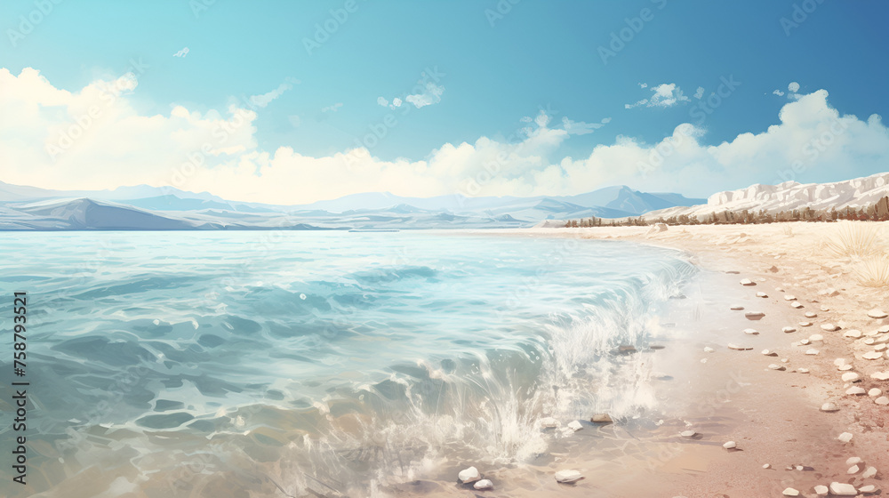 A beach with a sandy beach and the ocean in the background,beach, sea, ocean, sand, water, sky, summer
