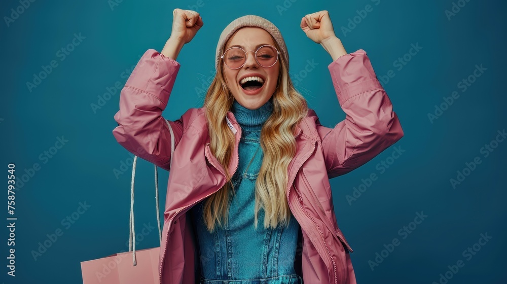 Ecstatic woman in pink coat with shopping bags.
