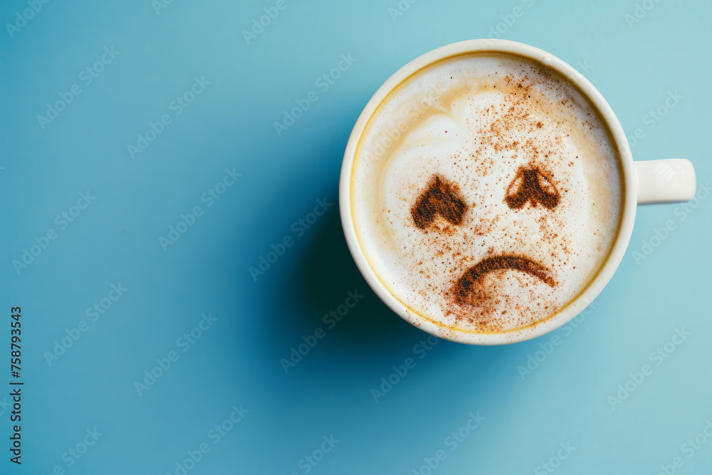 Coffee cup with sad face drawn on coffee milk foam. Top view to mug with coffee on blue background. Blue Monday, hard morning, difficult day, negative emotions, loneliness, loss, problem, difficulties - obrazy, fototapety, plakaty 
