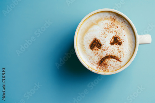 Coffee cup with sad face drawn on coffee milk foam. Top view to mug with coffee on blue background. Blue Monday, hard morning, difficult day, negative emotions, loneliness, loss, problem, difficulties photo