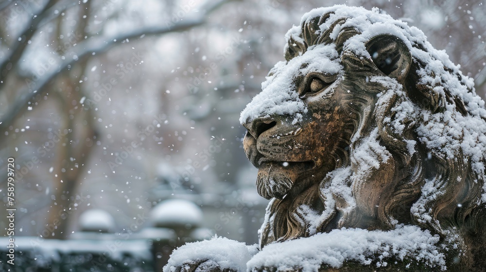 Lion Statue covered by snow 