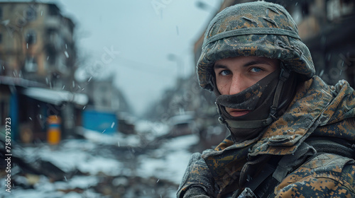 Ukrainian serviceman soldier of the territorial battalion during hostilities. The concept of the war in Ukraine. Copy space © Irina B