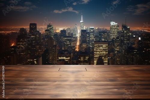 Empty boardroom table on office terrace with stunning night view of big city skyline