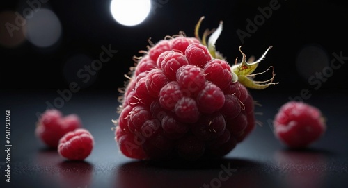 Close-up of red raspberries on black background, lighting, bokeh